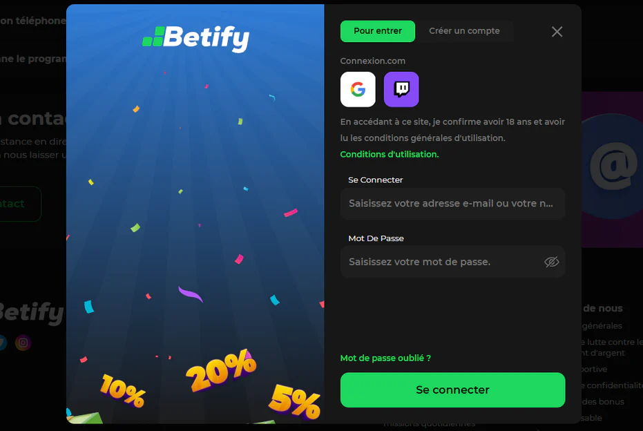 Betify Casino fenêtre de connexion avec Google, Twitch, e-mail et mot de passe